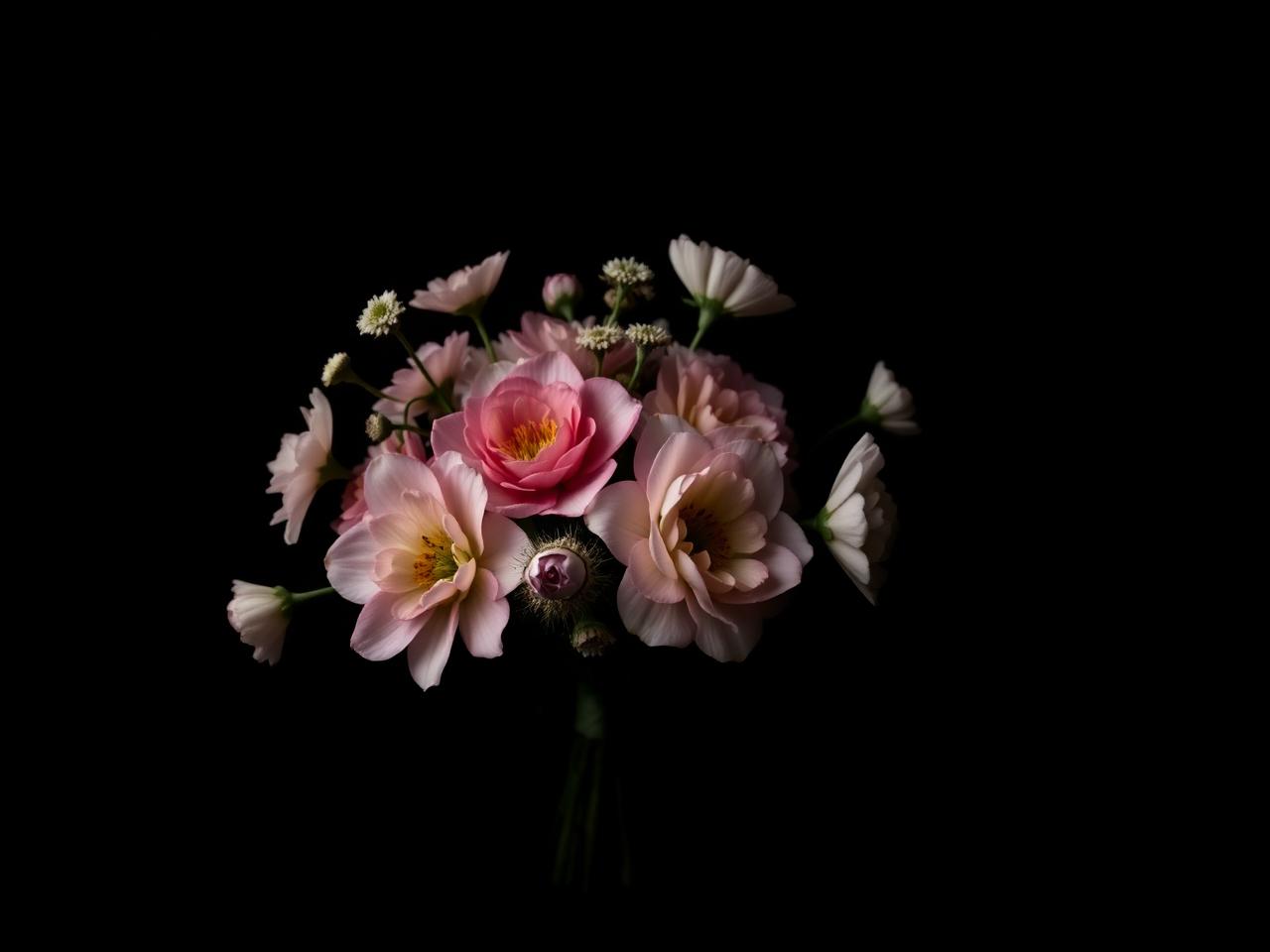 Bukett med lyse blomster mot svart bakgrunn